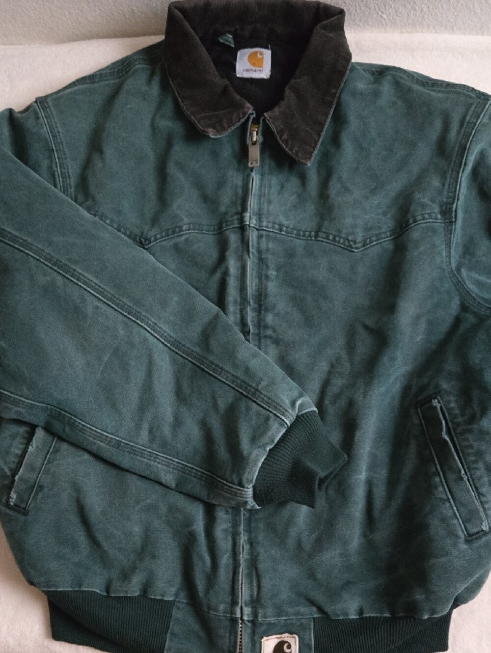 VTG Carhartt Men's Green Santa Fe Canvas Jacket with Dark Brown Corduroy Collar - Picture 8 of 16